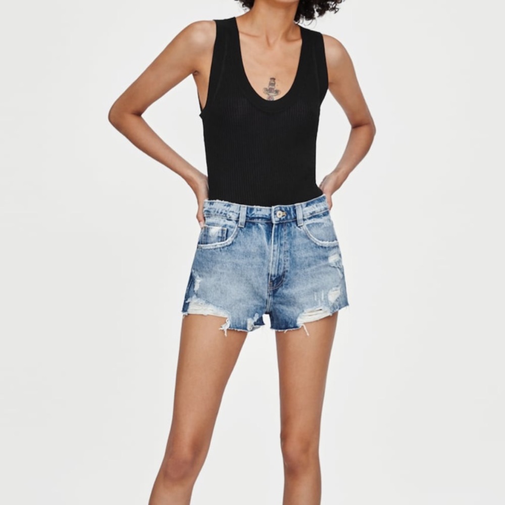 Zara Hi-Rise Ripped Denim Shorts